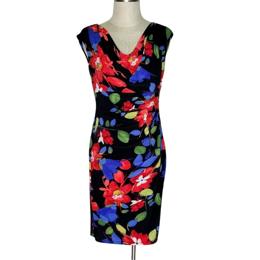 Lauren Ralph Lauren Dress V Neck Ruching Draped Cap Sleeves Red Blue Floral